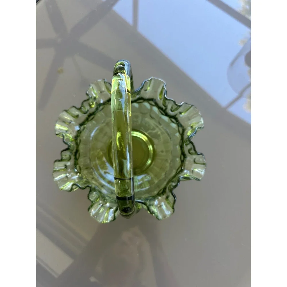 Vintage Fenton green Glass‎ Hobnail Basket Ruffled Edge Bamboo Handle Candy Dish